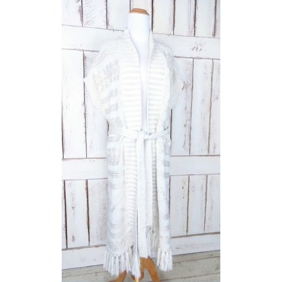 90s vintage ivory/gold long duster cardigan sweater/short sleeve fringe tassel - Picture 2 of 5